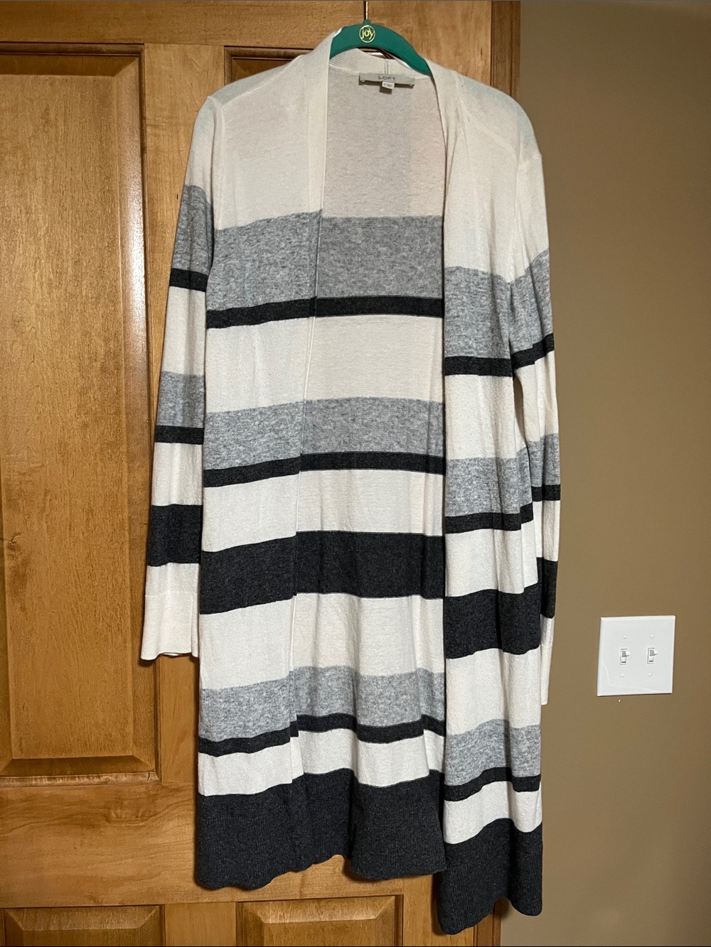 LOFT Long Open Front Cardigan in Cream, Gray, Black Stripes